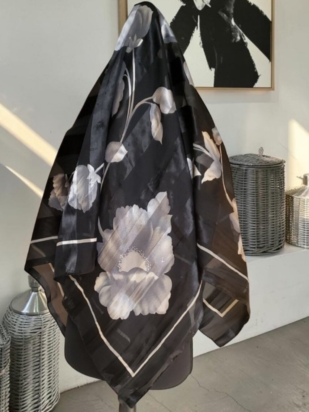 Black and Silver Polyester Botanical Floral Multi-Use Square Scarf